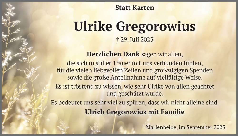  Traueranzeige für Ulrike Gregorowius vom 12.09.2025 aus  Anzeigen Echo 