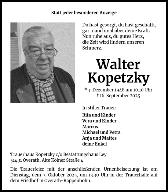 Anzeige von Walter Kopetzky von Kölner Stadt-Anzeiger / Kölnische Rundschau / Express