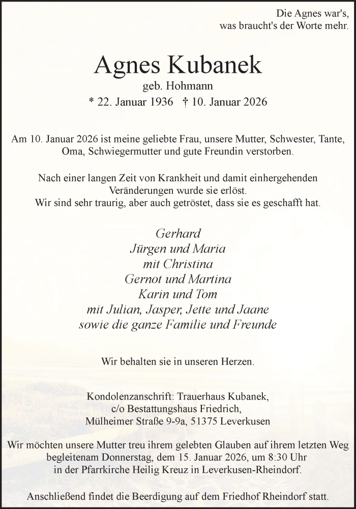  Traueranzeige für Agnes Kubanek vom 14.01.2026 aus Kölner Stadt-Anzeiger / Kölnische Rundschau / Express