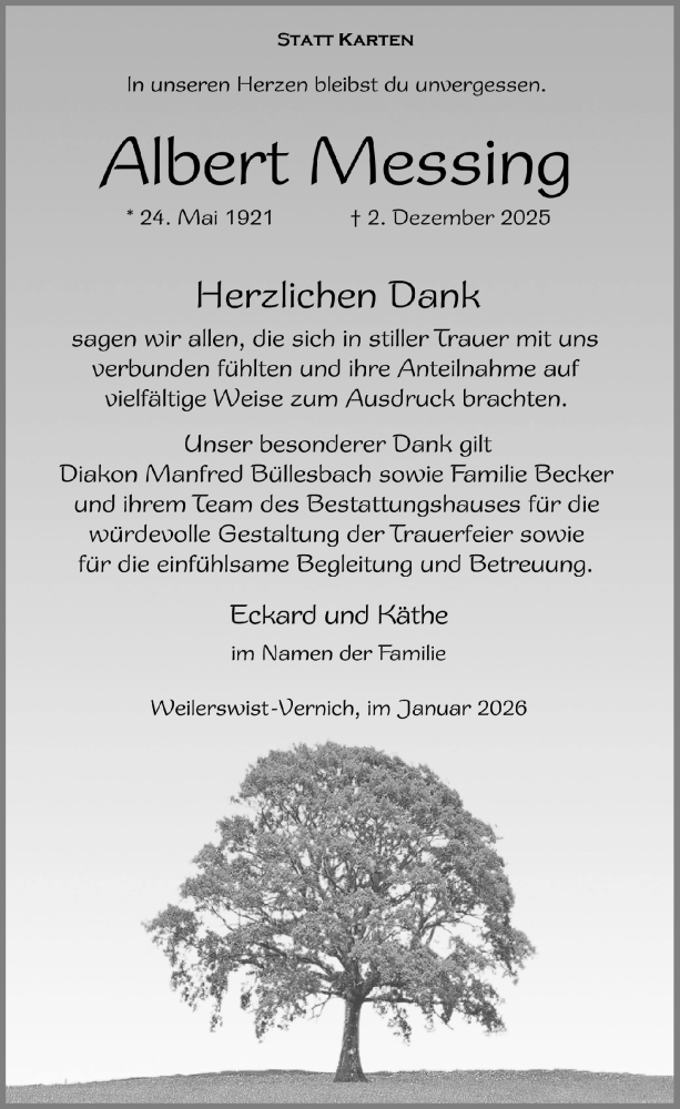  Traueranzeige für Albert Messing vom 17.01.2026 aus  Blickpunkt Euskirchen 