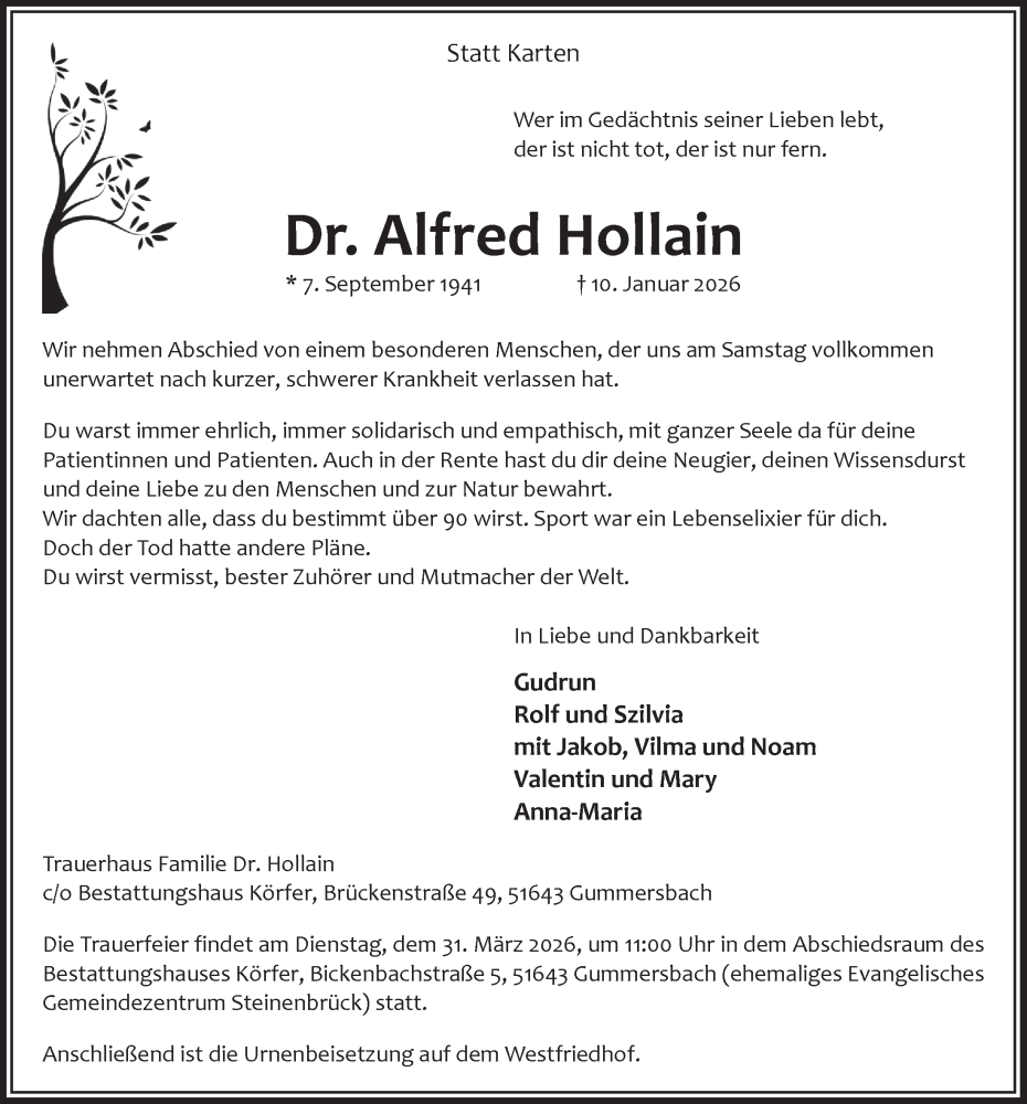  Traueranzeige für Alfred Hollain vom 16.01.2026 aus  Anzeigen Echo 