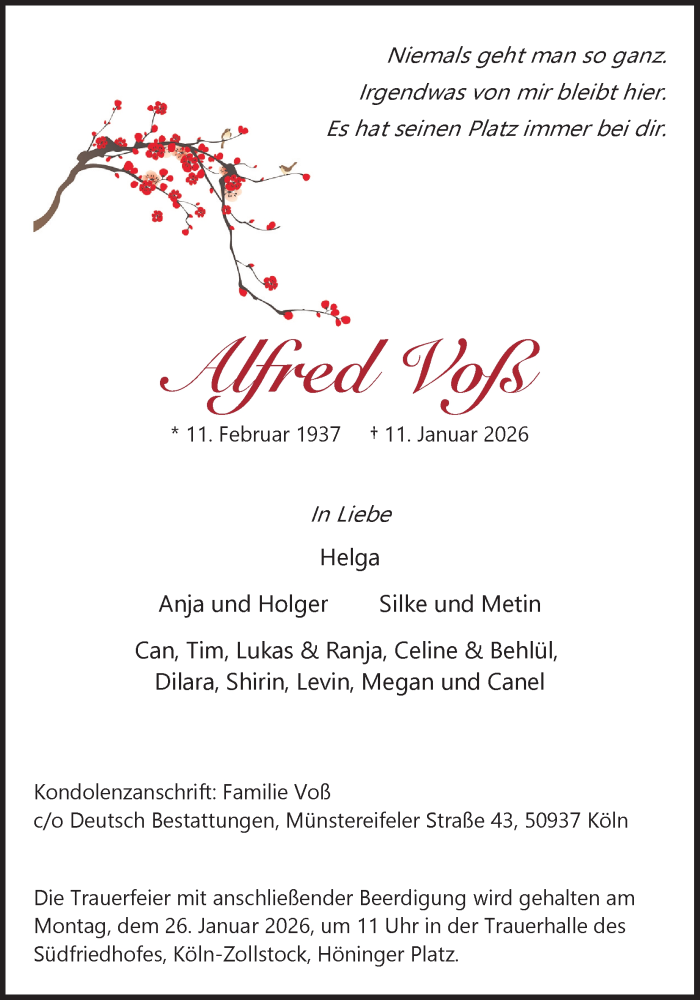  Traueranzeige für Alfred Voß vom 17.01.2026 aus Kölner Stadt-Anzeiger / Kölnische Rundschau / Express