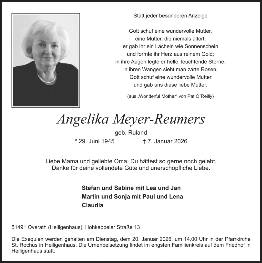  Traueranzeige für Angelika Meyer-Reumers vom 16.01.2026 aus  Bergisches Handelsblatt 