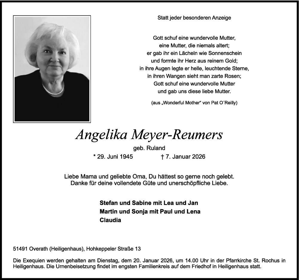  Traueranzeige für Angelika Meyer-Reumers vom 10.01.2026 aus Kölner Stadt-Anzeiger / Kölnische Rundschau / Express