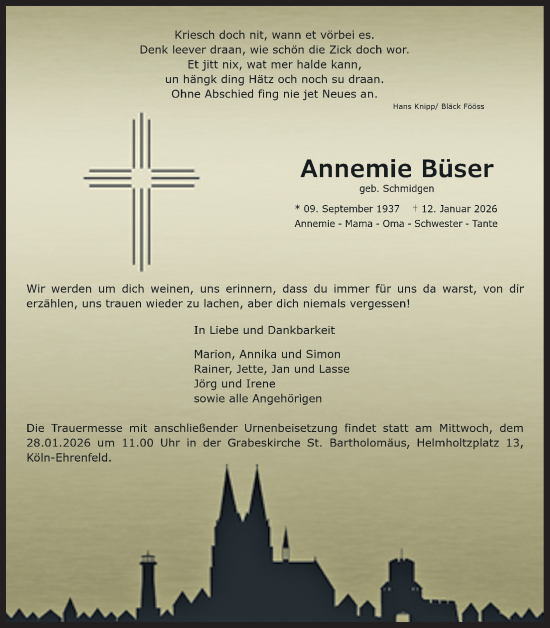 Anzeige von Annemie Büser von Kölner Stadt-Anzeiger / Kölnische Rundschau / Express