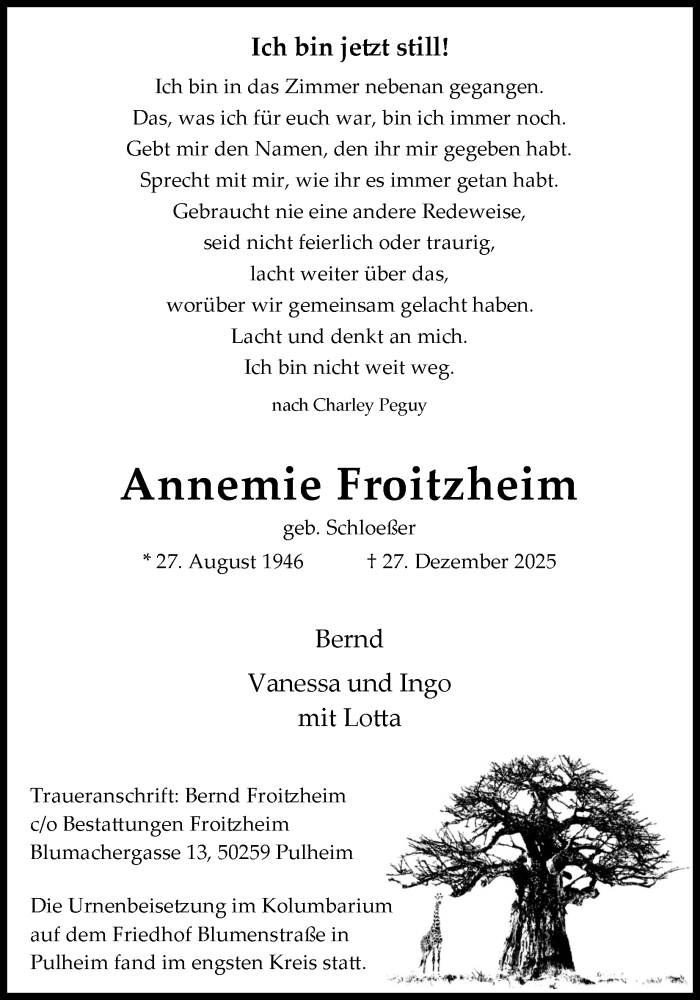  Traueranzeige für Annemie Froitzheim vom 17.01.2026 aus Kölner Stadt-Anzeiger / Kölnische Rundschau / Express