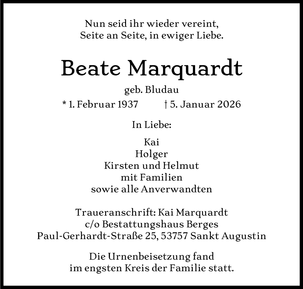  Traueranzeige für Beate Marquardt vom 17.01.2026 aus Kölner Stadt-Anzeiger / Kölnische Rundschau / Express