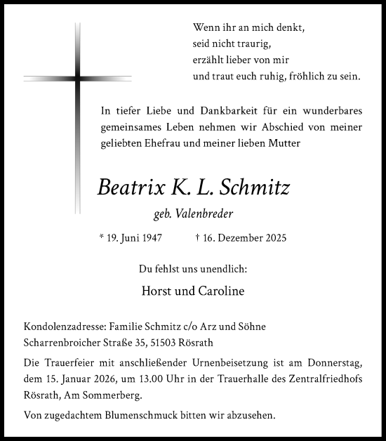 Anzeige von Beatrix K. L. Schmitz von Kölner Stadt-Anzeiger / Kölnische Rundschau / Express