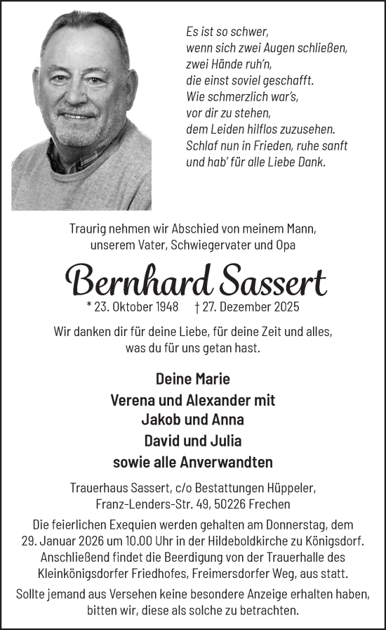 Anzeige von Bernhard Sassert von  Wochenende 