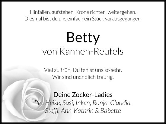 Anzeige von Betty von Kannen-Reufels von Kölner Stadt-Anzeiger / Kölnische Rundschau / Express