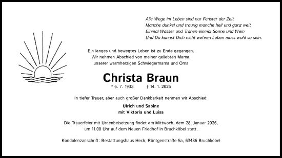 Anzeige von Christa Braun von Kölner Stadt-Anzeiger / Kölnische Rundschau / Express