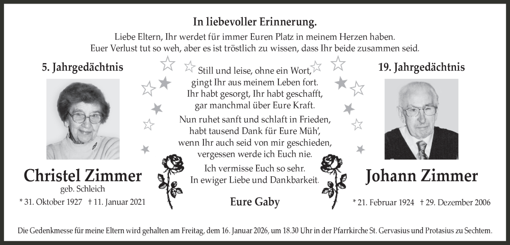  Traueranzeige für Christel Zimmer vom 09.01.2026 aus  Schaufenster/Blickpunkt 