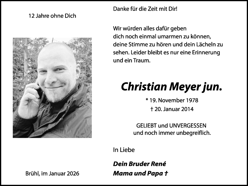  Traueranzeige für Christian Meyer vom 17.01.2026 aus Kölner Stadt-Anzeiger / Kölnische Rundschau / Express