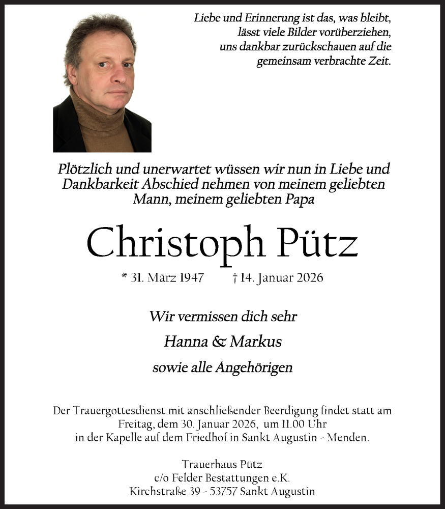  Traueranzeige für Christoph Pütz vom 24.01.2026 aus Kölner Stadt-Anzeiger / Kölnische Rundschau / Express