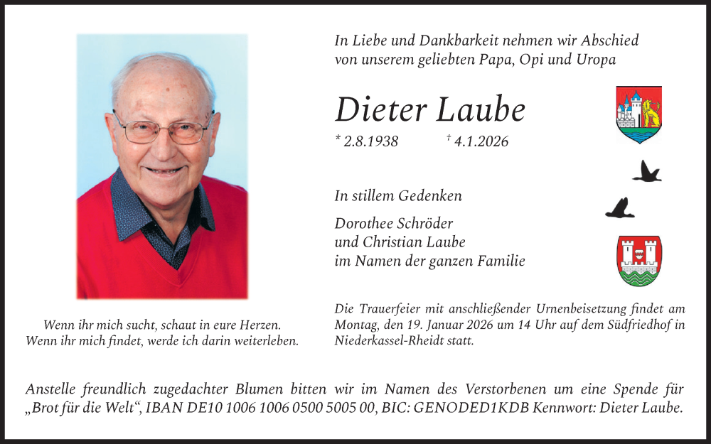  Traueranzeige für Dieter Laube vom 17.01.2026 aus Kölner Stadt-Anzeiger / Kölnische Rundschau / Express