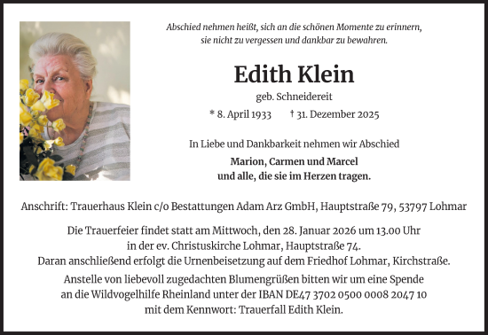 Anzeige von Edith Klein von Kölner Stadt-Anzeiger / Kölnische Rundschau / Express
