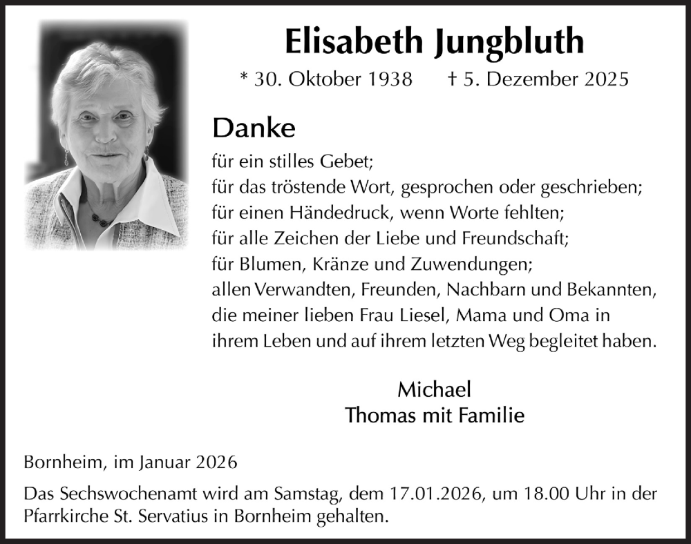  Traueranzeige für Elisabeth Jungbluth vom 09.01.2026 aus  Schaufenster/Blickpunkt 