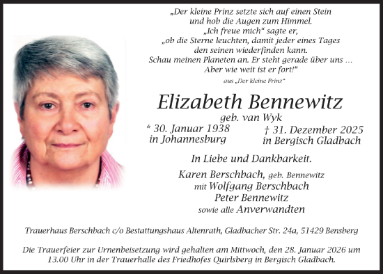 Anzeige von Elizabeth Bennewitz von  Bergisches Handelsblatt 