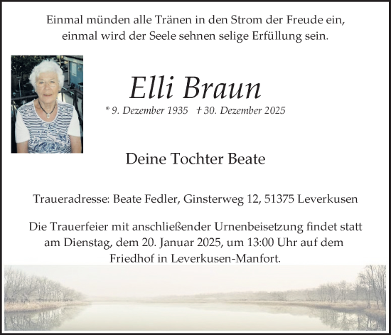 Anzeige von Elli Braun von Kölner Stadt-Anzeiger / Kölnische Rundschau / Express