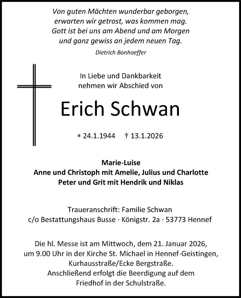  Traueranzeige für Erich Schwan vom 17.01.2026 aus Kölner Stadt-Anzeiger / Kölnische Rundschau / Express