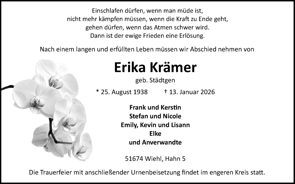  Traueranzeige für Erika Krämer vom 17.01.2026 aus Kölner Stadt-Anzeiger / Kölnische Rundschau / Express