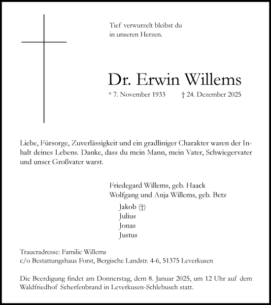 Anzeige von Erwin Willems von Kölner Stadt-Anzeiger / Kölnische Rundschau / Express