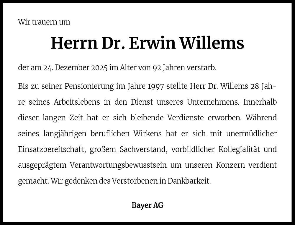  Traueranzeige für Erwin Willems vom 10.01.2026 aus Kölner Stadt-Anzeiger / Kölnische Rundschau / Express