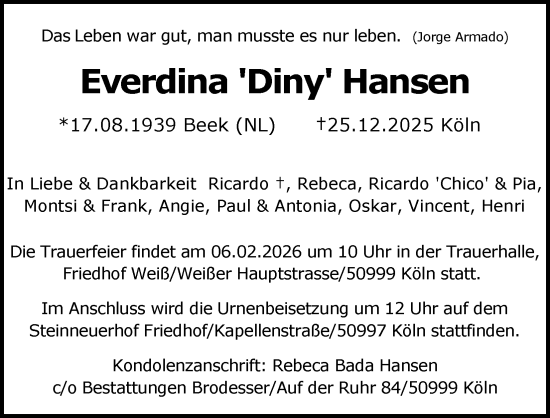 Anzeige von Everdina  Hansen von Kölner Stadt-Anzeiger / Kölnische Rundschau / Express