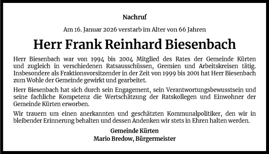 Anzeige von Frank Reinhard Biesenbach von Kölner Stadt-Anzeiger / Kölnische Rundschau / Express