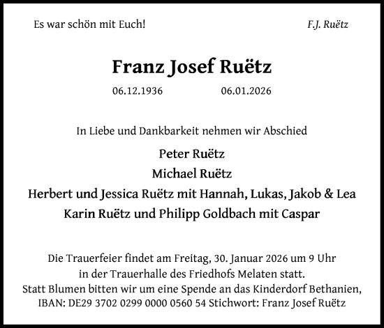 Anzeige von Franz Josef Ruätz von Kölner Stadt-Anzeiger / Kölnische Rundschau / Express