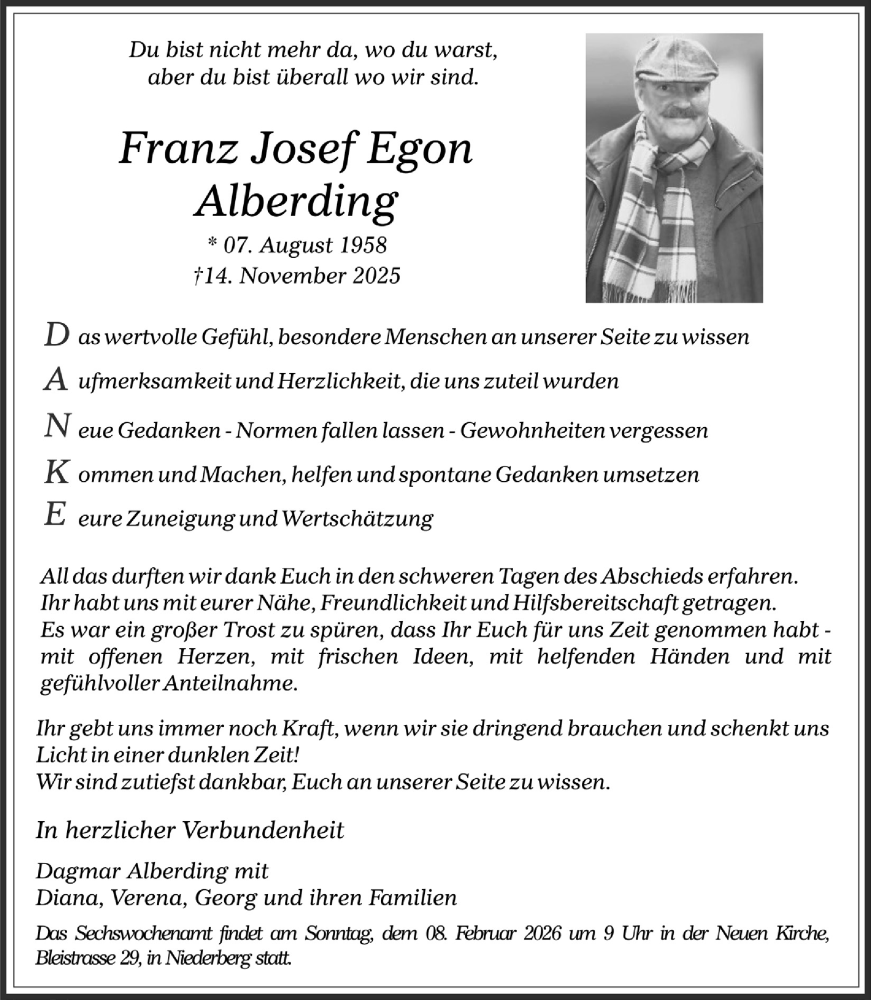  Traueranzeige für Franz Josef Egon Alberding vom 16.01.2026 aus  Werbepost 