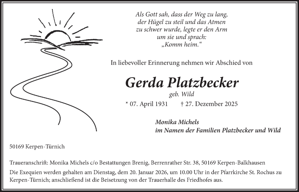  Traueranzeige für Gerda Platzbecker vom 16.01.2026 aus  Werbepost 
