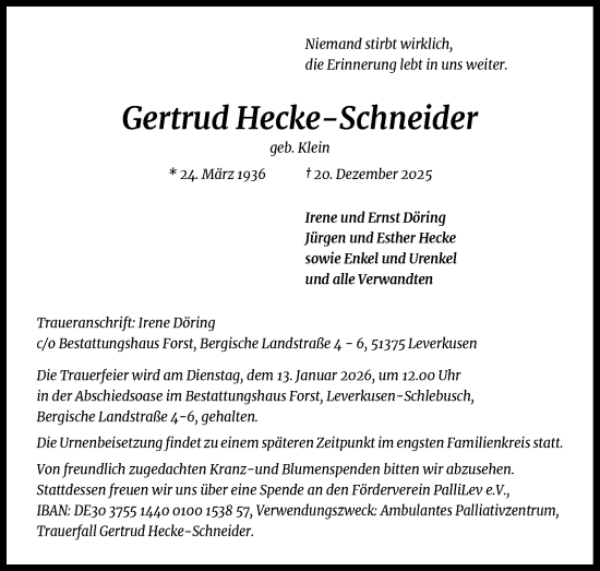 Anzeige von Gertrud Hecke-Schneider von Kölner Stadt-Anzeiger / Kölnische Rundschau / Express