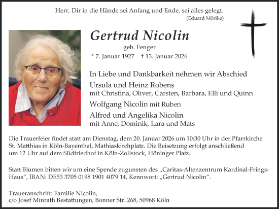 Anzeige von Gertrud Nicolin von Kölner Stadt-Anzeiger / Kölnische Rundschau / Express