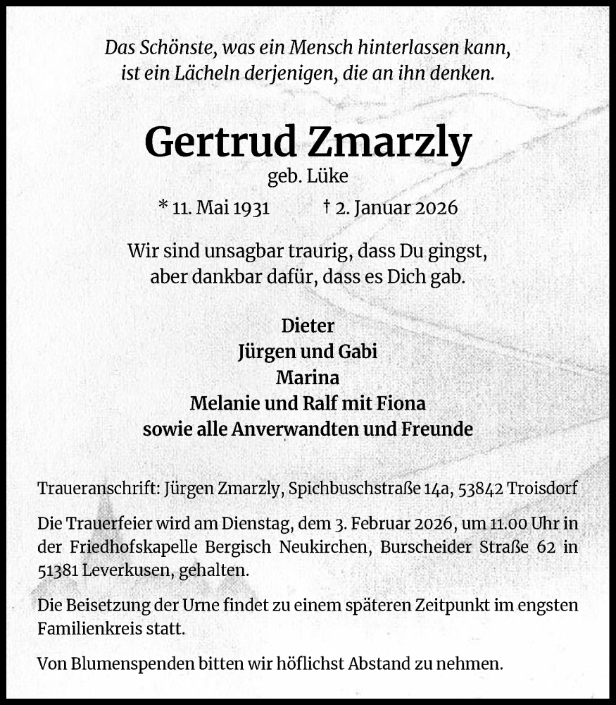  Traueranzeige für Gertrud Zmarzly vom 17.01.2026 aus Kölner Stadt-Anzeiger / Kölnische Rundschau / Express