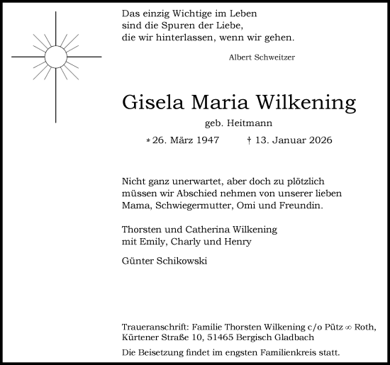 Anzeige von Gisela Maria Wilkening von Kölner Stadt-Anzeiger / Kölnische Rundschau / Express