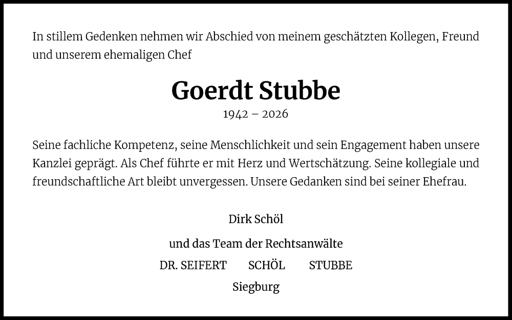  Traueranzeige für Goerdt Stubbe vom 17.01.2026 aus Kölner Stadt-Anzeiger / Kölnische Rundschau / Express