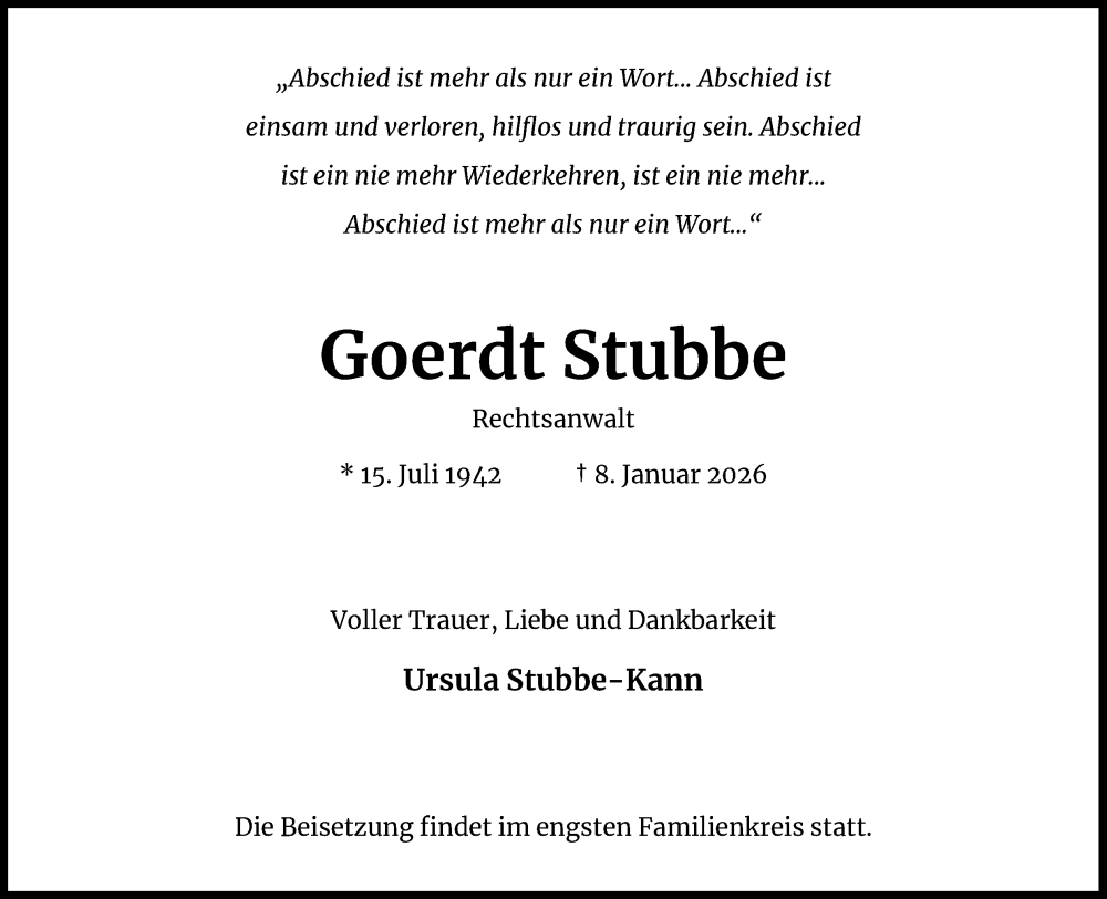  Traueranzeige für Goerdt Stubbe vom 17.01.2026 aus Kölner Stadt-Anzeiger / Kölnische Rundschau / Express