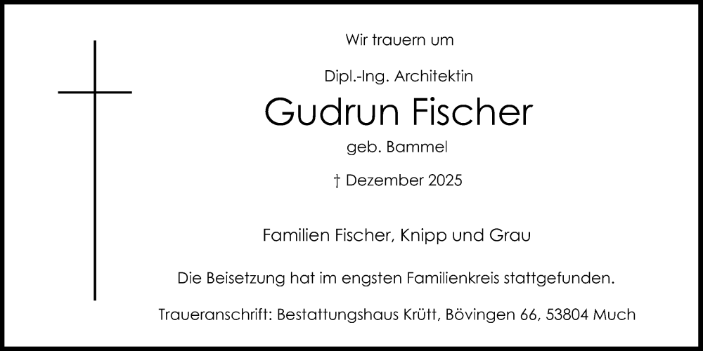  Traueranzeige für Gudrun Fischer vom 24.01.2026 aus Kölner Stadt-Anzeiger / Kölnische Rundschau / Express