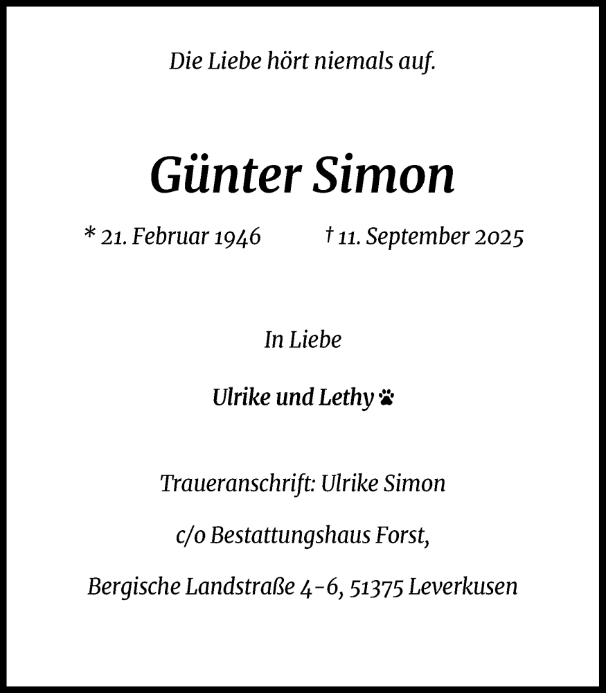  Traueranzeige für Günter Simon vom 17.01.2026 aus Kölner Stadt-Anzeiger / Kölnische Rundschau / Express