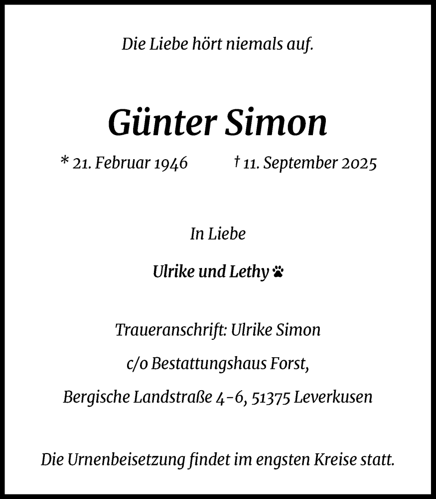  Traueranzeige für Günter Simon vom 17.01.2026 aus Kölner Stadt-Anzeiger / Kölnische Rundschau / Express