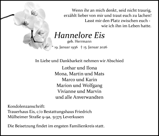 Anzeige von Hannelore Eis von Kölner Stadt-Anzeiger / Kölnische Rundschau / Express