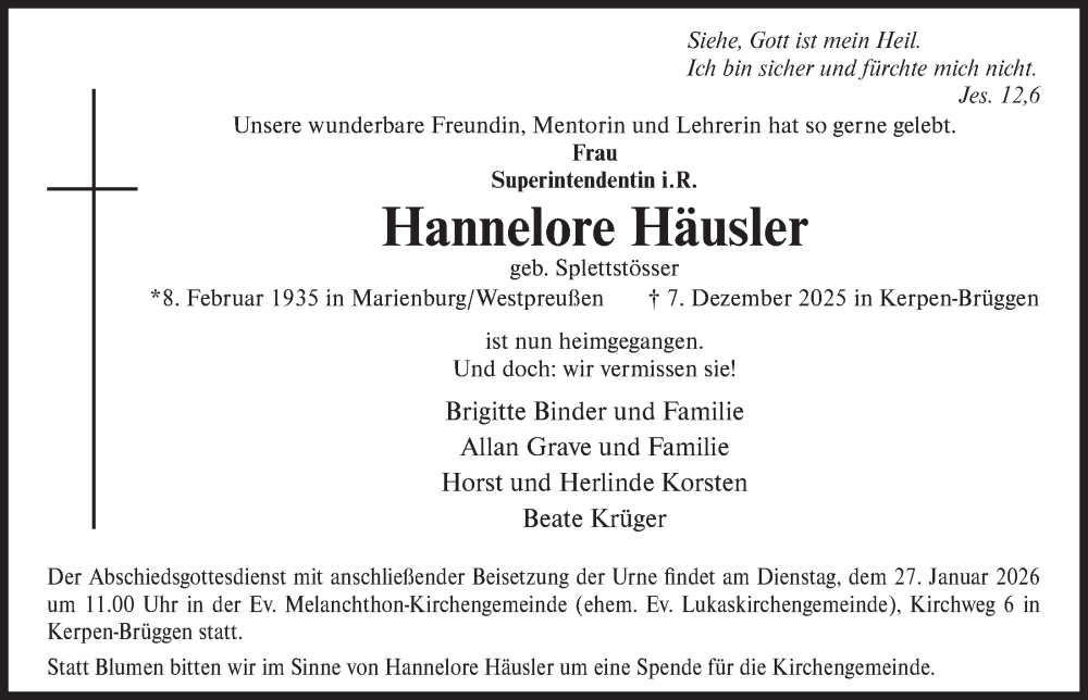  Traueranzeige für Hannelore Häusler vom 16.01.2026 aus  Werbepost 
