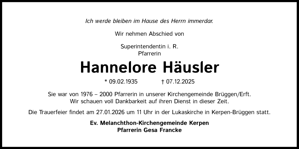  Traueranzeige für Hannelore Häusler vom 10.01.2026 aus Kölner Stadt-Anzeiger / Kölnische Rundschau / Express