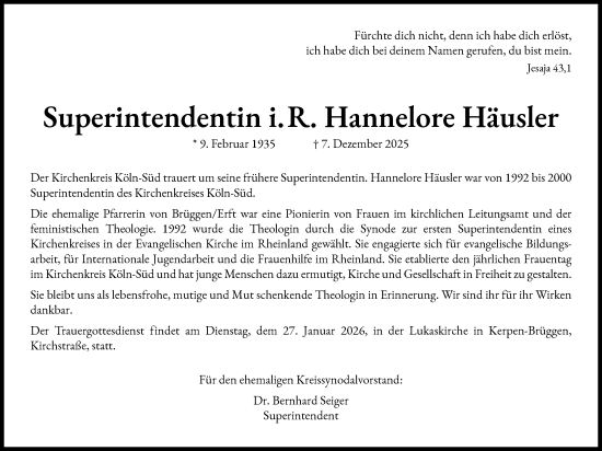 Anzeige von Hannelore Häusler von Kölner Stadt-Anzeiger / Kölnische Rundschau / Express