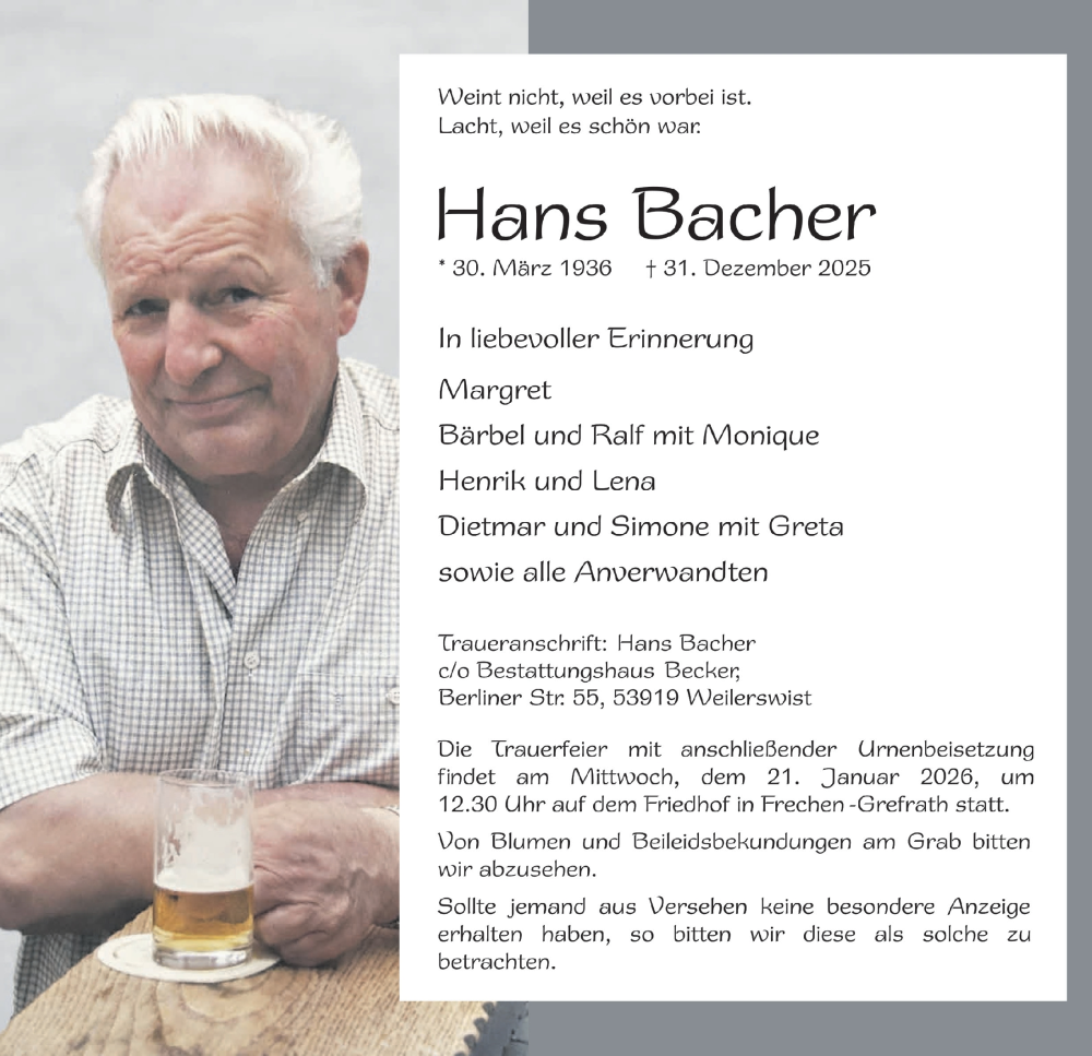  Traueranzeige für Hans Bacher vom 09.01.2026 aus  Wochenende 
