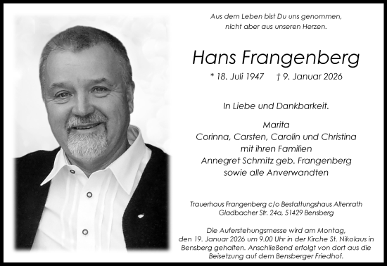 Anzeige von Hans Frangenberg von Kölner Stadt-Anzeiger / Kölnische Rundschau / Express