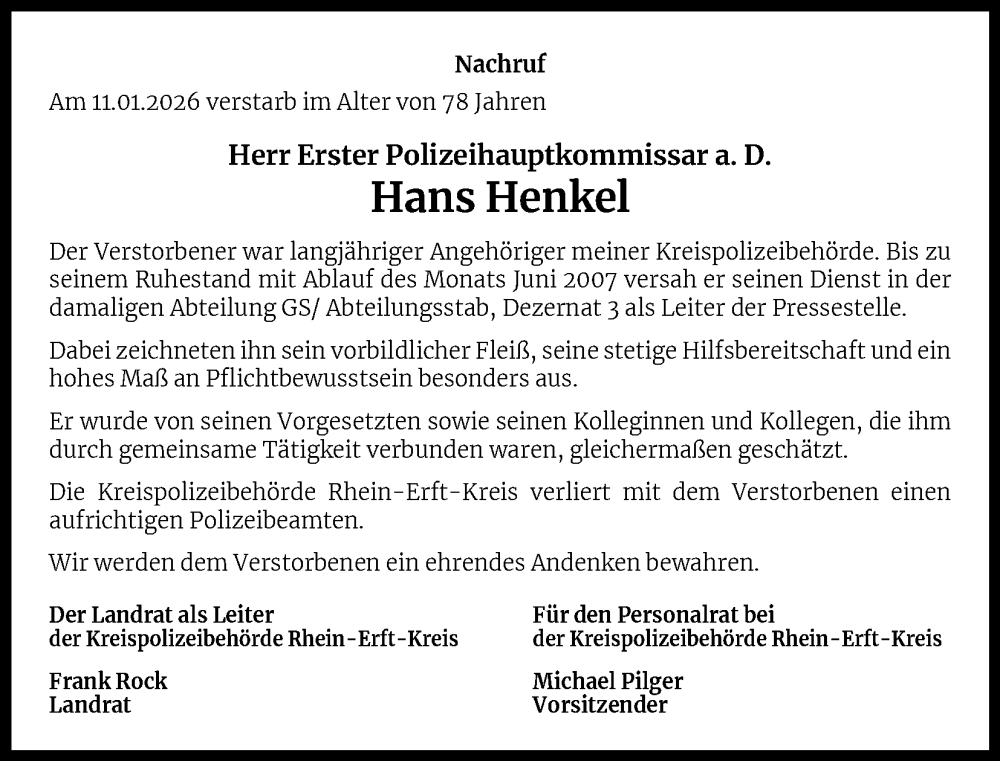  Traueranzeige für Hans Henkel vom 24.01.2026 aus Kölner Stadt-Anzeiger / Kölnische Rundschau / Express