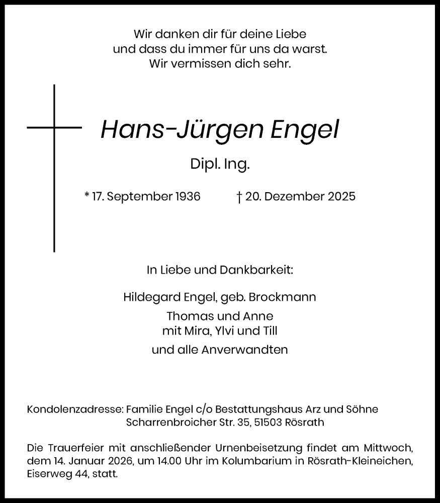  Traueranzeige für Hans-Jürgen Engel vom 10.01.2026 aus Kölner Stadt-Anzeiger / Kölnische Rundschau / Express