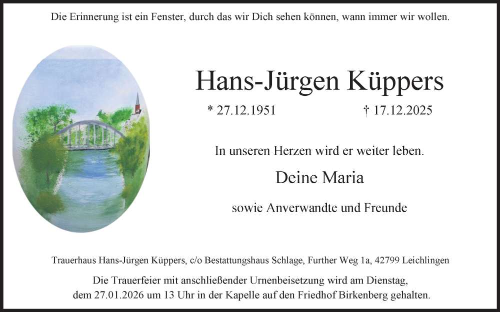  Traueranzeige für Hans-Jürgen Küppers vom 24.01.2026 aus Kölner Stadt-Anzeiger / Kölnische Rundschau / Express
